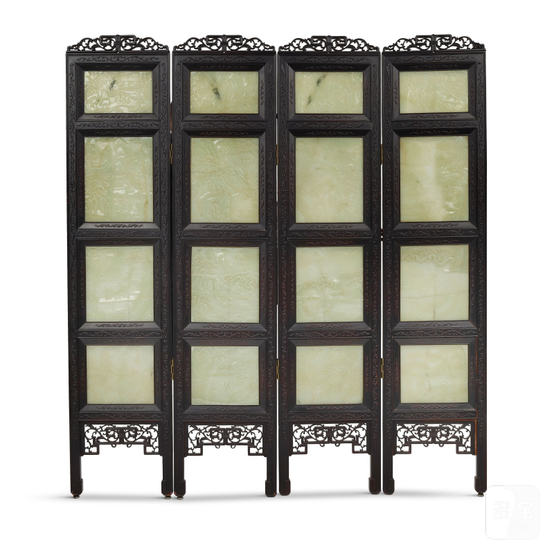 晚清 嵌白玉四扇圍屏 | A JADE-PANEL EMBELLISHED FOUR-PANEL SCREEN - 图1